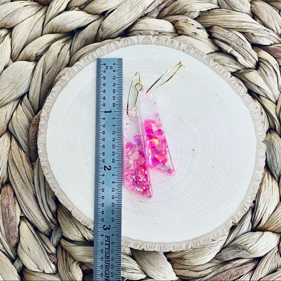 BOUTIQUE Resin Drop Earrings, Holographic Mixed Pink Chunky Glitter, Fun Hoops - Picture 9 of 11